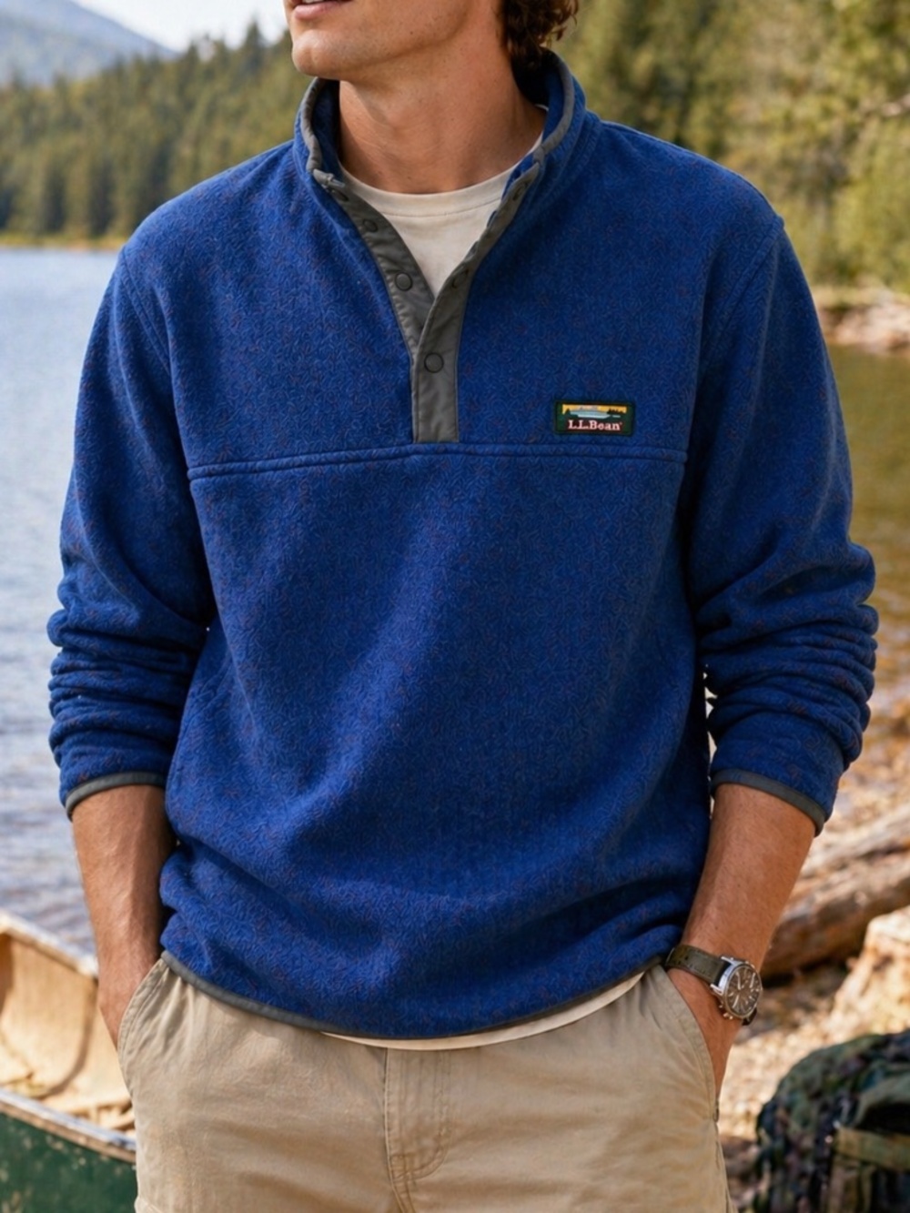 LL Bean Sweater Fleece Pullover Mens Medium Tall Blue Quarter Snap Cozy Outdoor